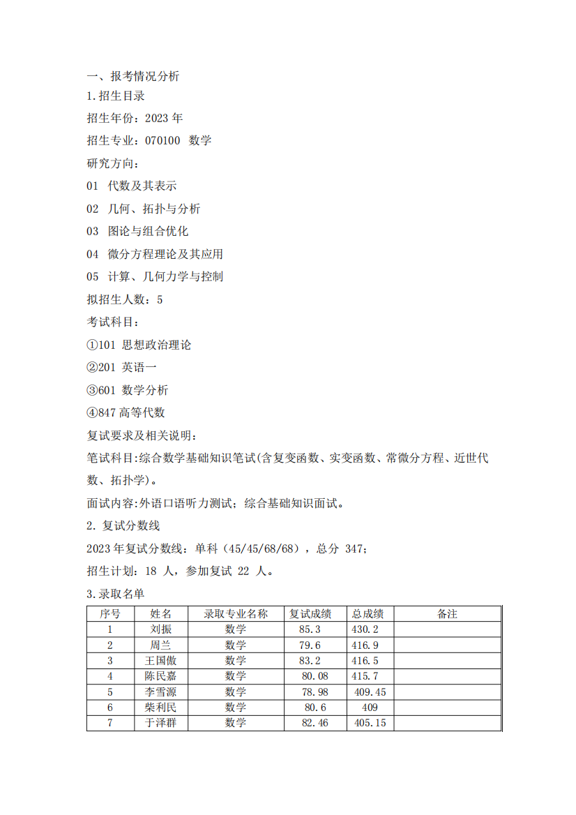 北京理工大学数学与统计学院数学专业2024年考研攻略