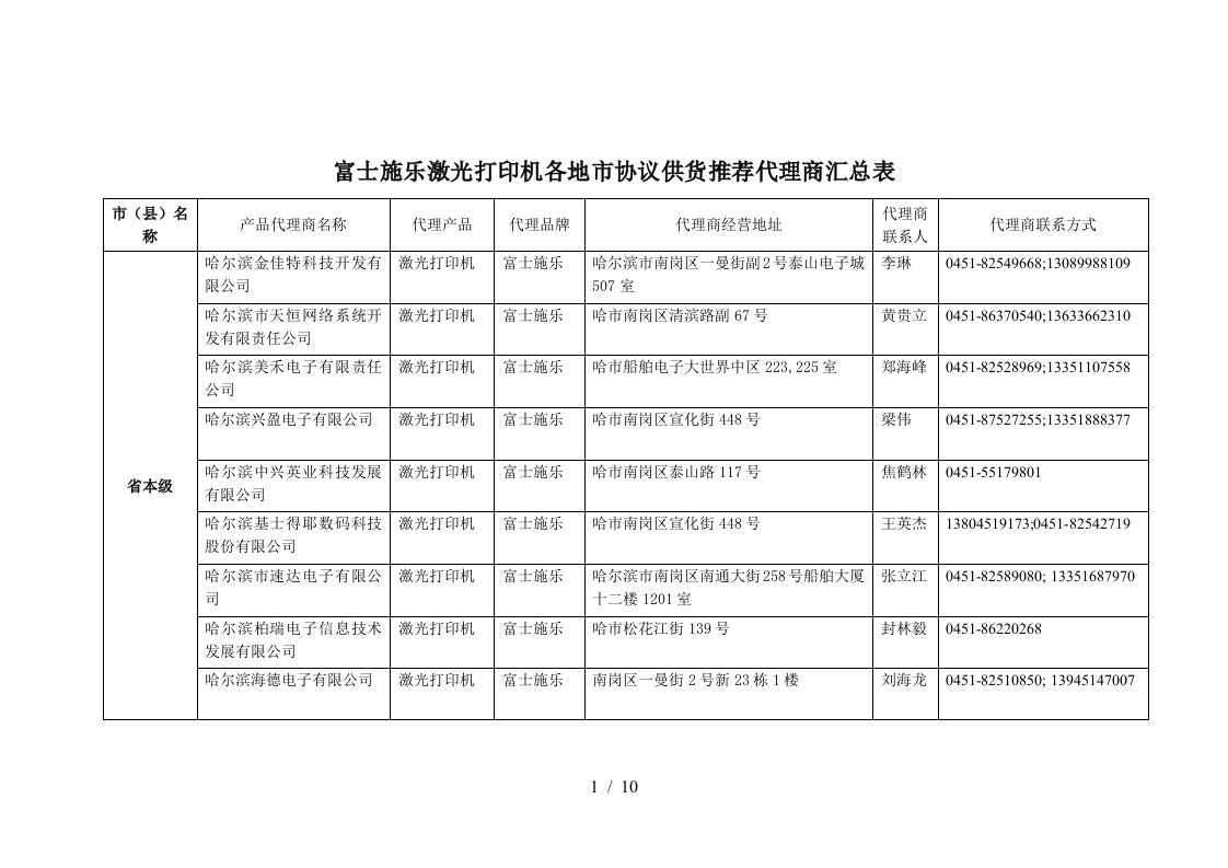 富士施乐激光打印机省级协议供货推荐代理商汇总表