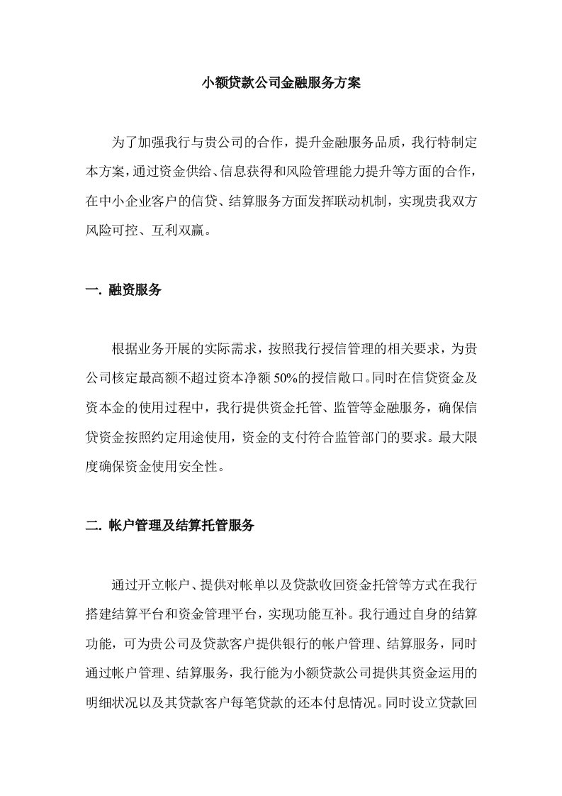 银行小额贷款公司金融服务方案