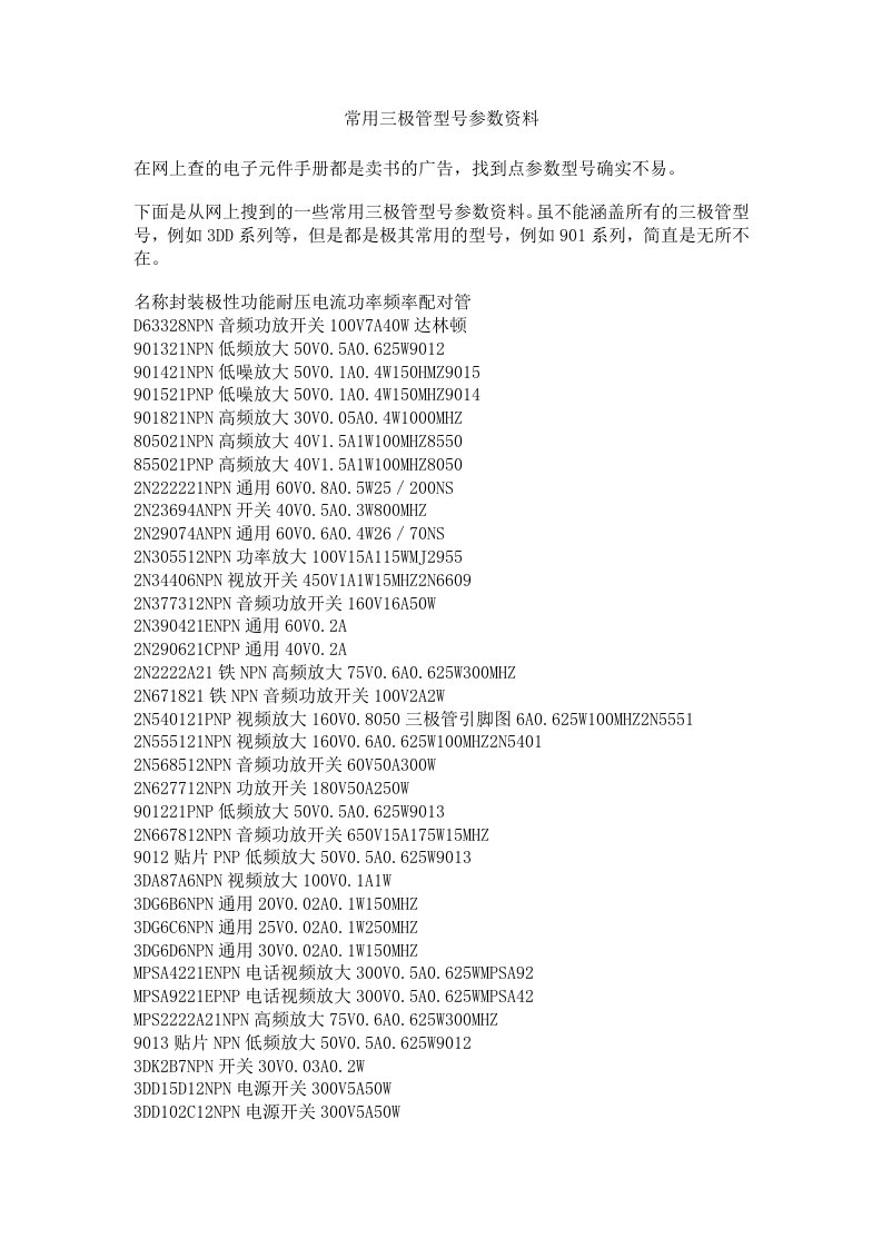 常用三极管型号参数资料