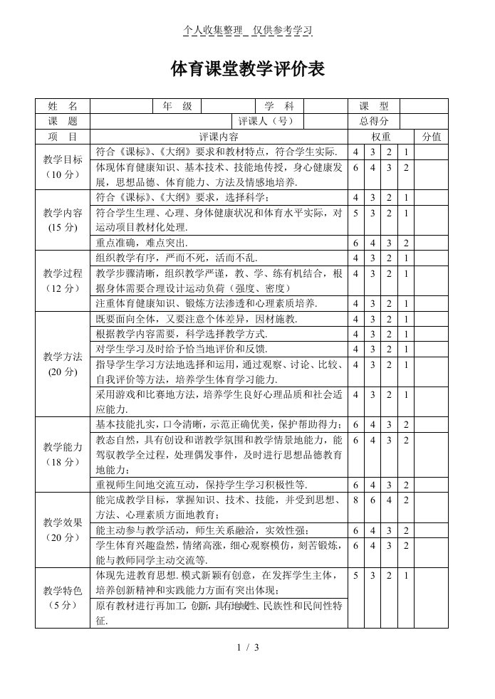 体育课堂标准优秀教学评价表