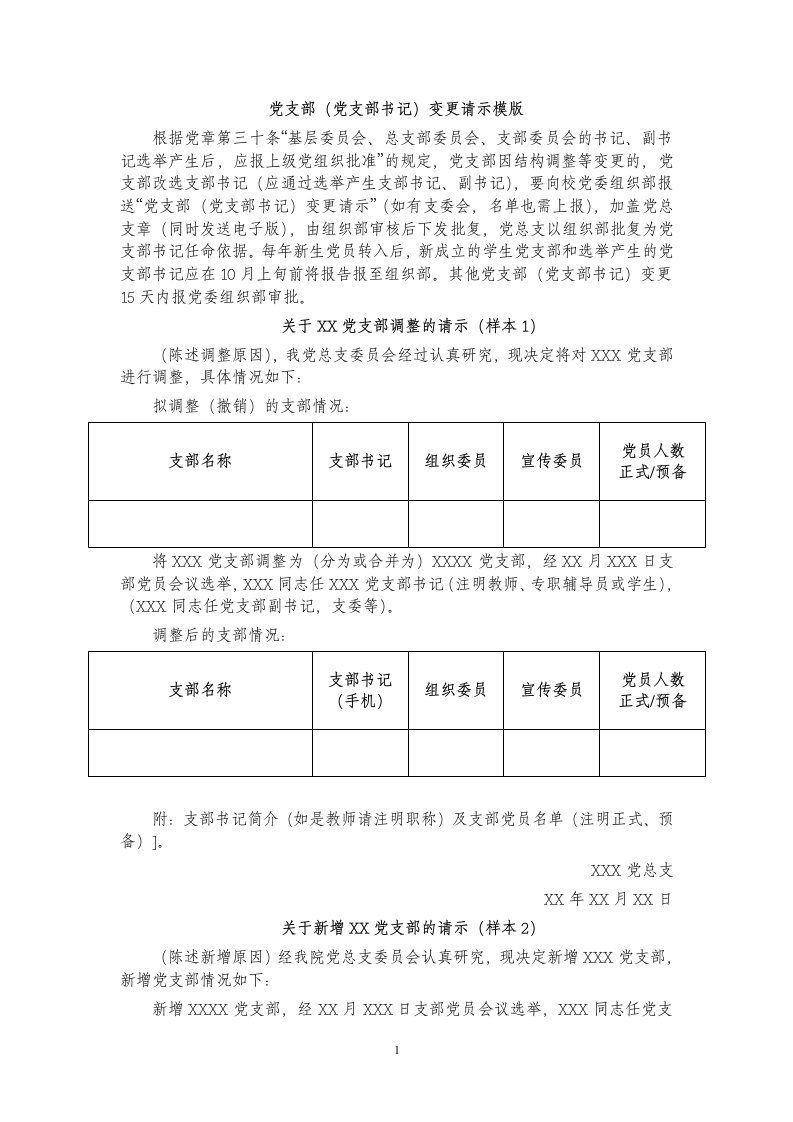 党支部（党支部书记）变更请示模版