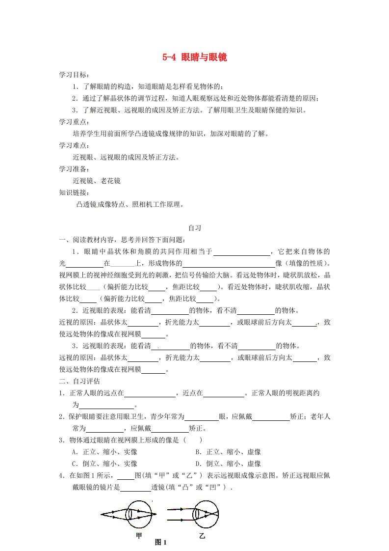 重庆市涪陵第十九中学八年级物理上册5-4眼睛和眼镜导学案