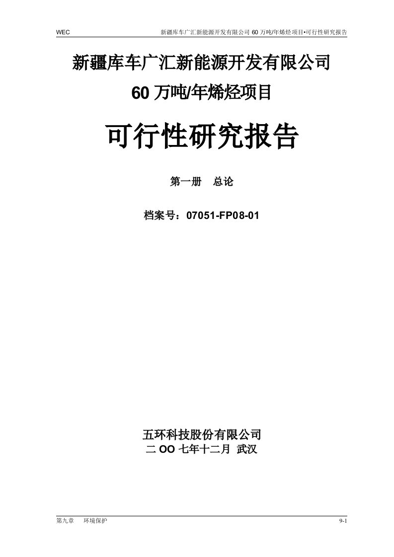 新疆库车广汇新能源开发有限公司60万吨年烯烃项目可行性研究报告第一册总论