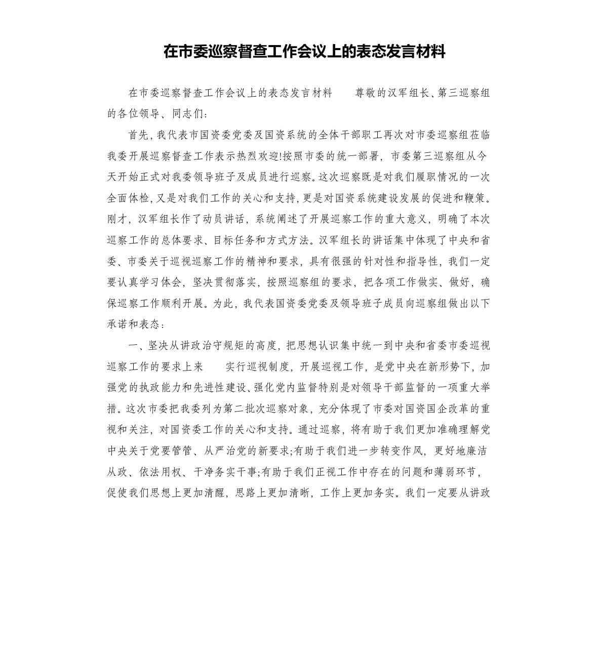 在市委巡察督查工作会议上的表态发言材料