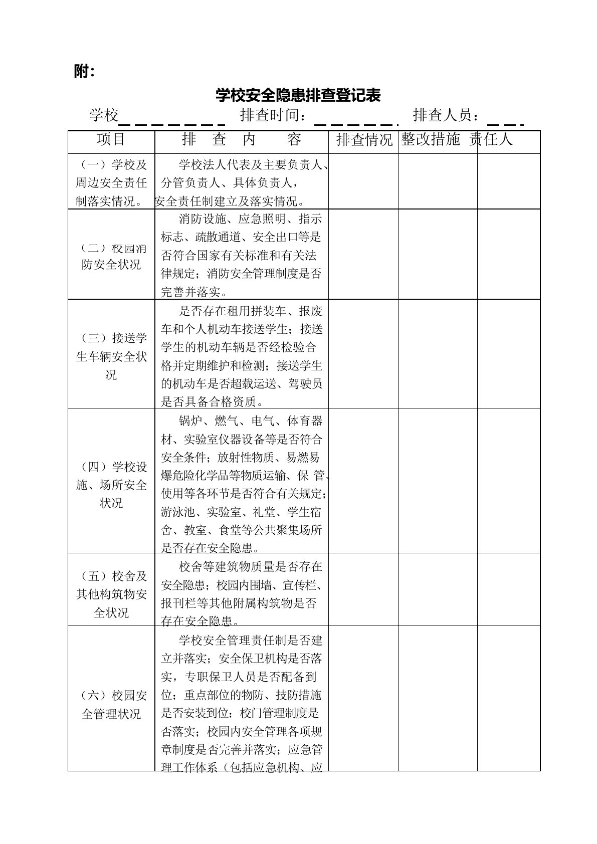 学校安全隐患排查登记表