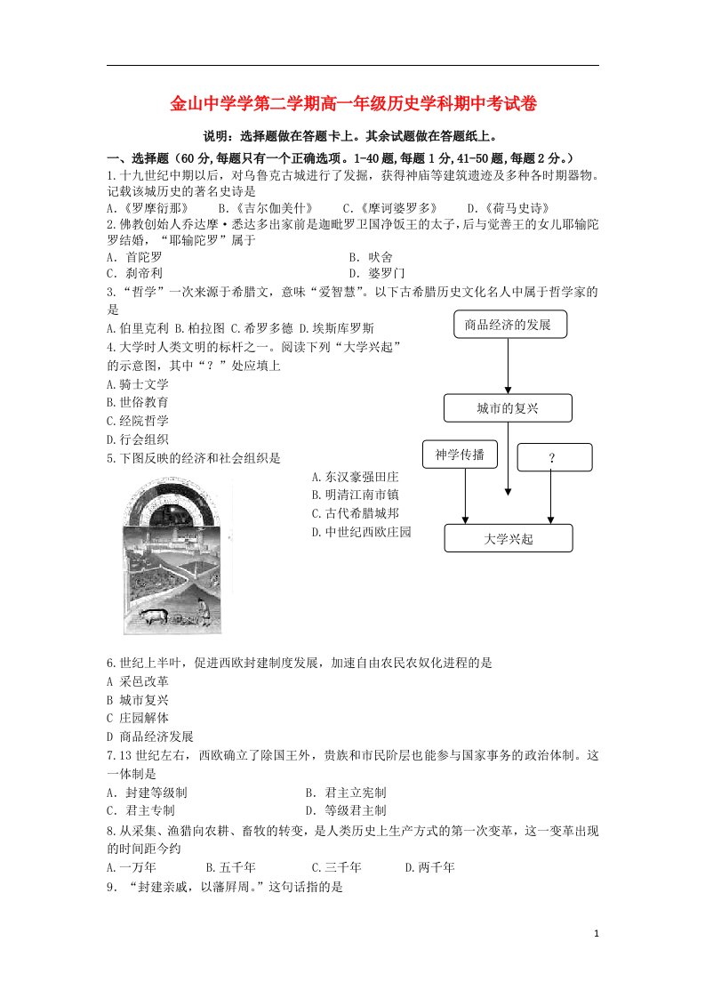 上海市金山中学高一历史下学期期末考试试题