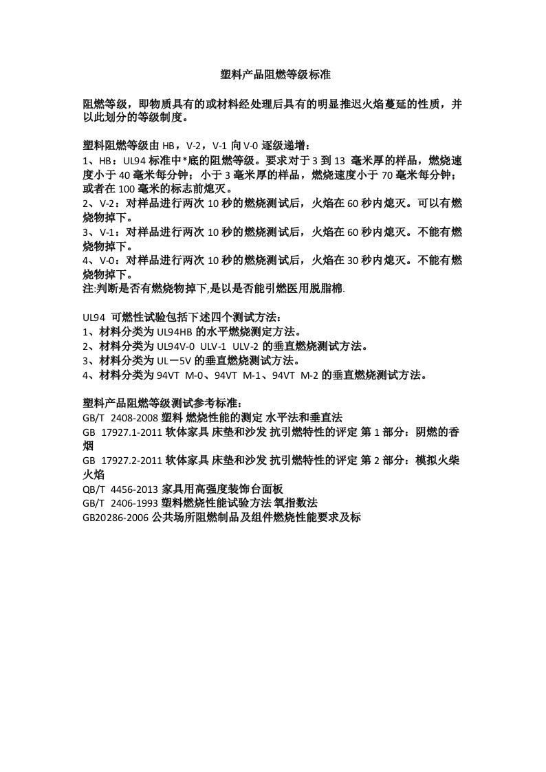 塑料产品阻燃等级标准