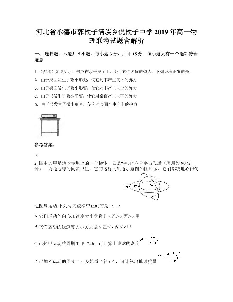 河北省承德市郭杖子满族乡倪杖子中学2019年高一物理联考试题含解析