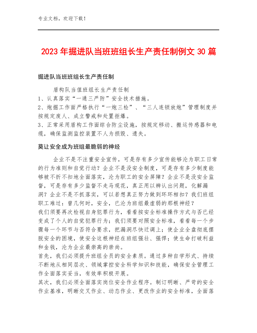 2023年掘进队当班班组长生产责任制例文30篇