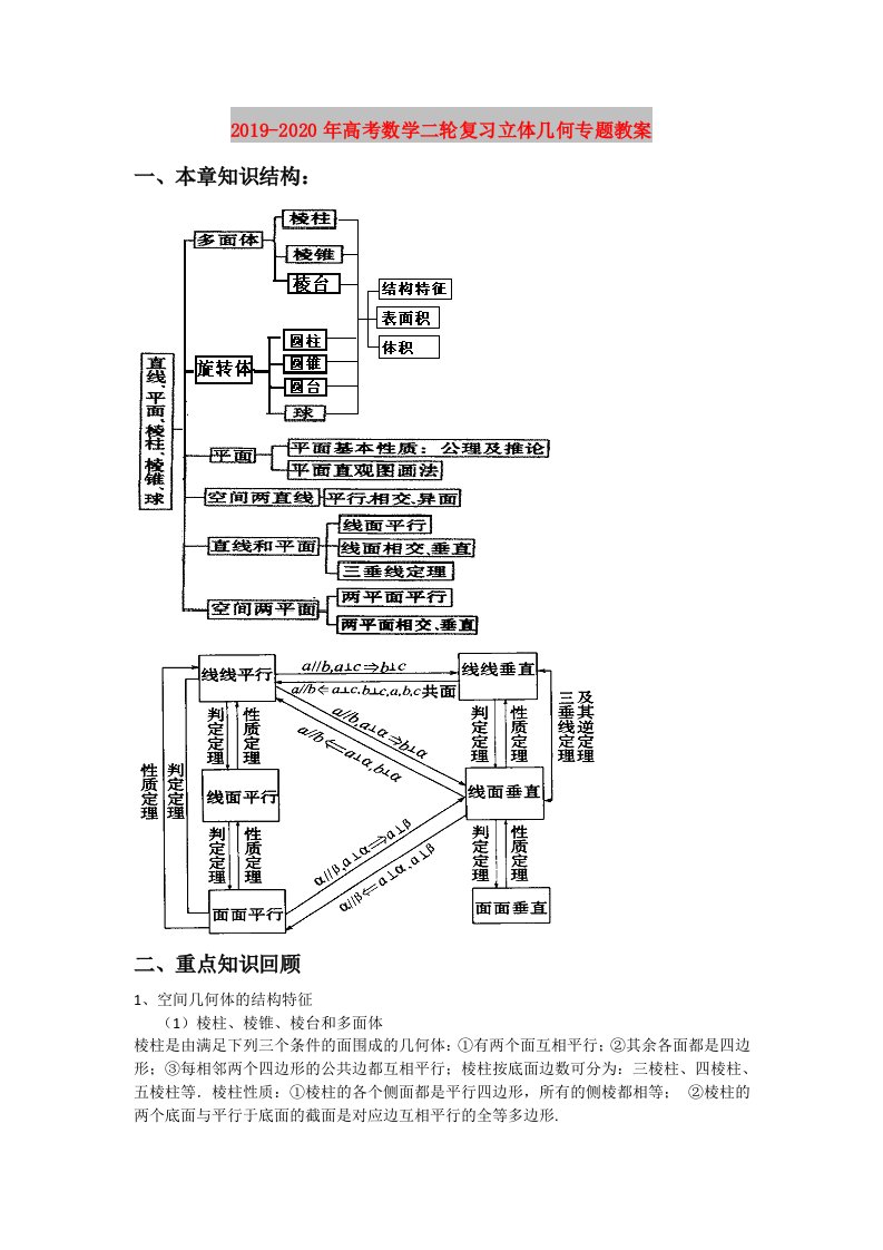 2019-2020年高考数学二轮复习立体几何专题教案