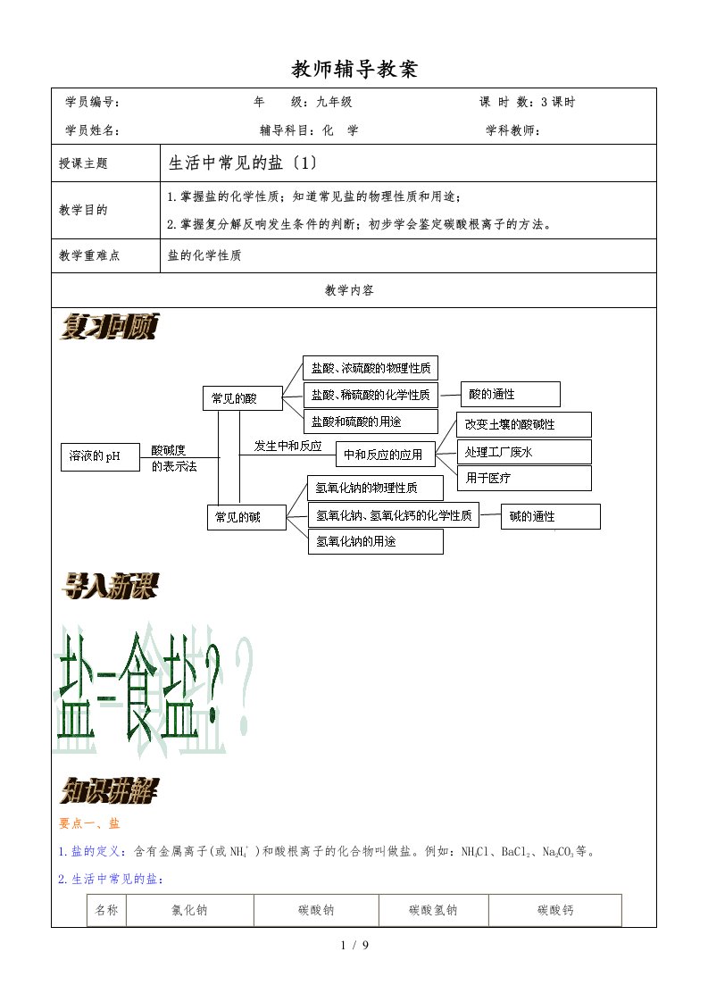 人教版九年级化学下册111生活中常见的盐（1）教案