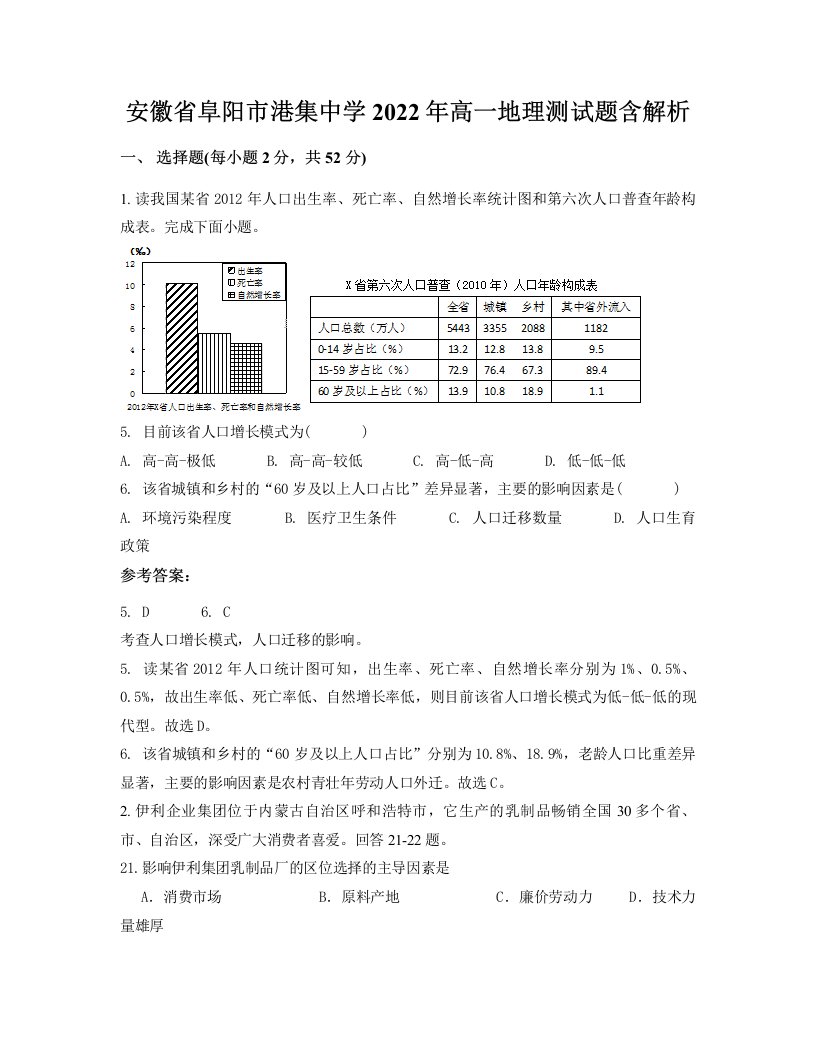 安徽省阜阳市港集中学2022年高一地理测试题含解析