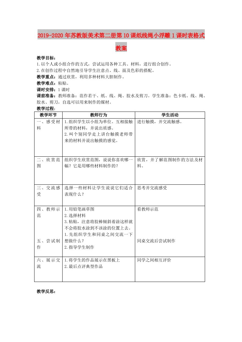 2019-2020年苏教版美术第二册第10课纸线绳小浮雕1课时表格式教案