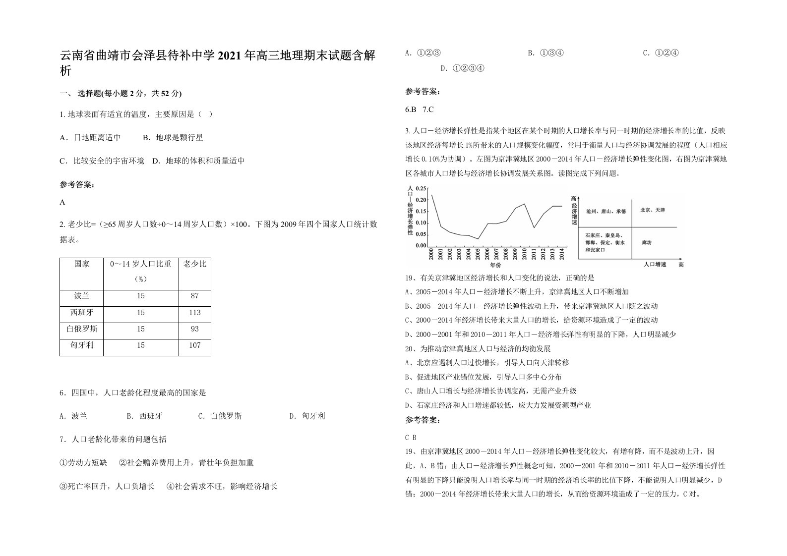 云南省曲靖市会泽县待补中学2021年高三地理期末试题含解析