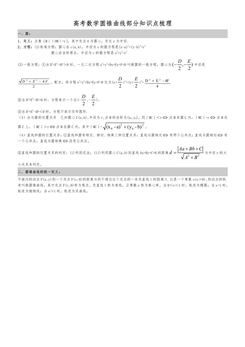 圆锥曲线知识点梳理(文科)