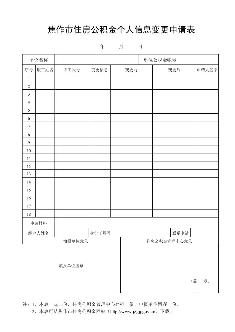 焦作市住房公积金个人信息变更申请表