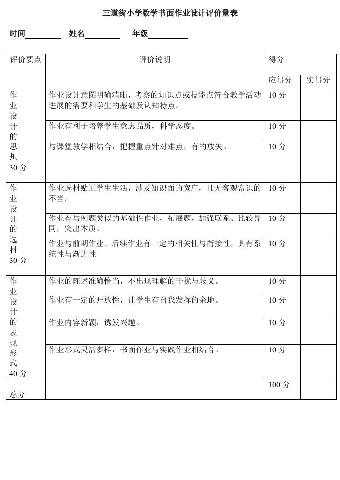 三道街小学数学书面作业设计评价量表