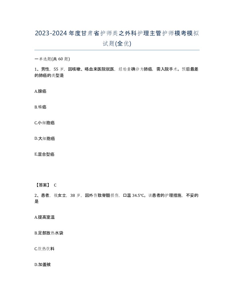 2023-2024年度甘肃省护师类之外科护理主管护师模考模拟试题全优