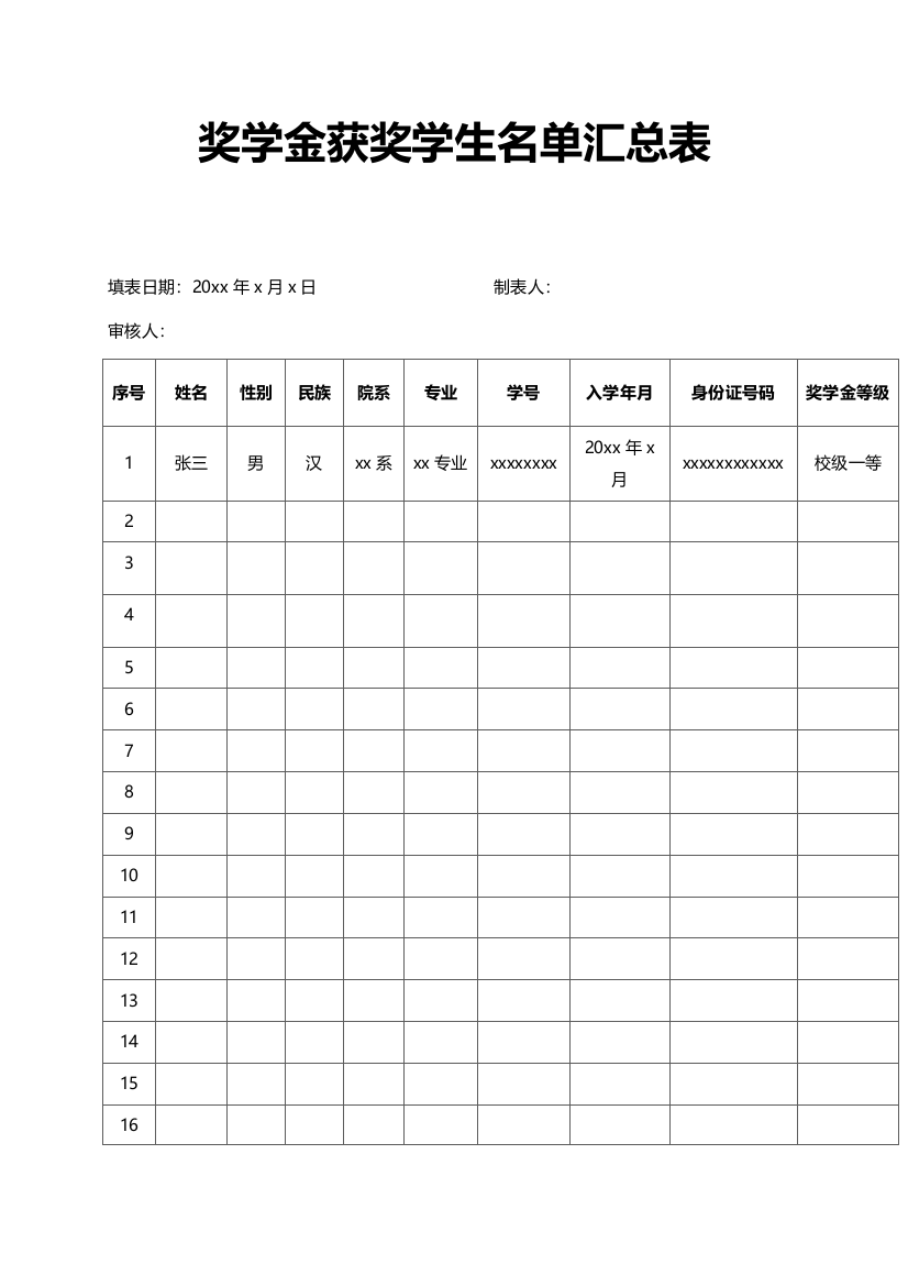 奖学金获奖学生名单汇总表