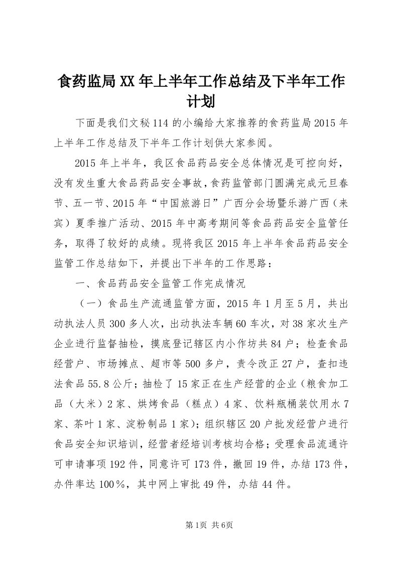 5食药监局某年上半年工作总结及下半年工作计划