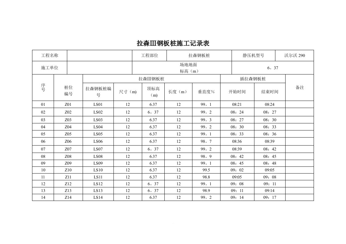 拉伸钢板桩施工记录表