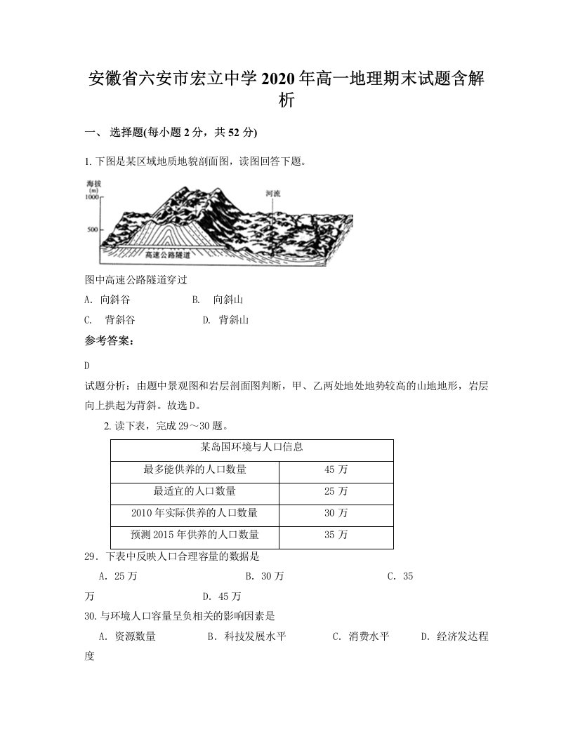 安徽省六安市宏立中学2020年高一地理期末试题含解析