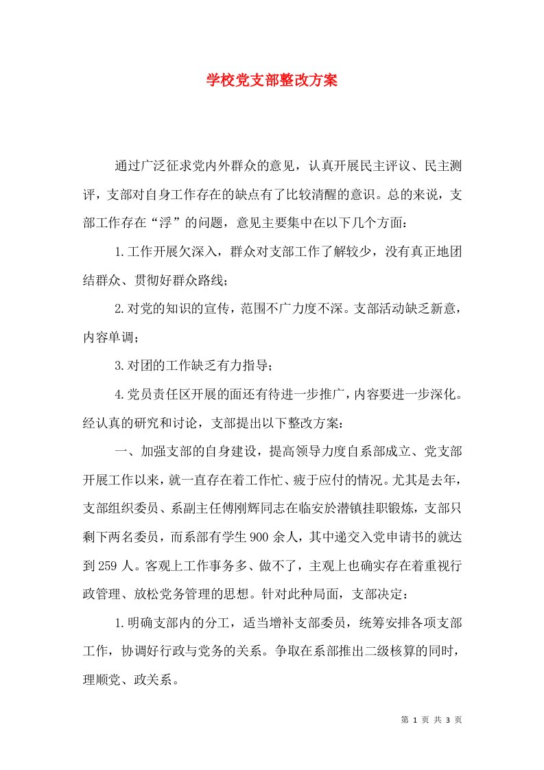 学校党支部整改方案（一）