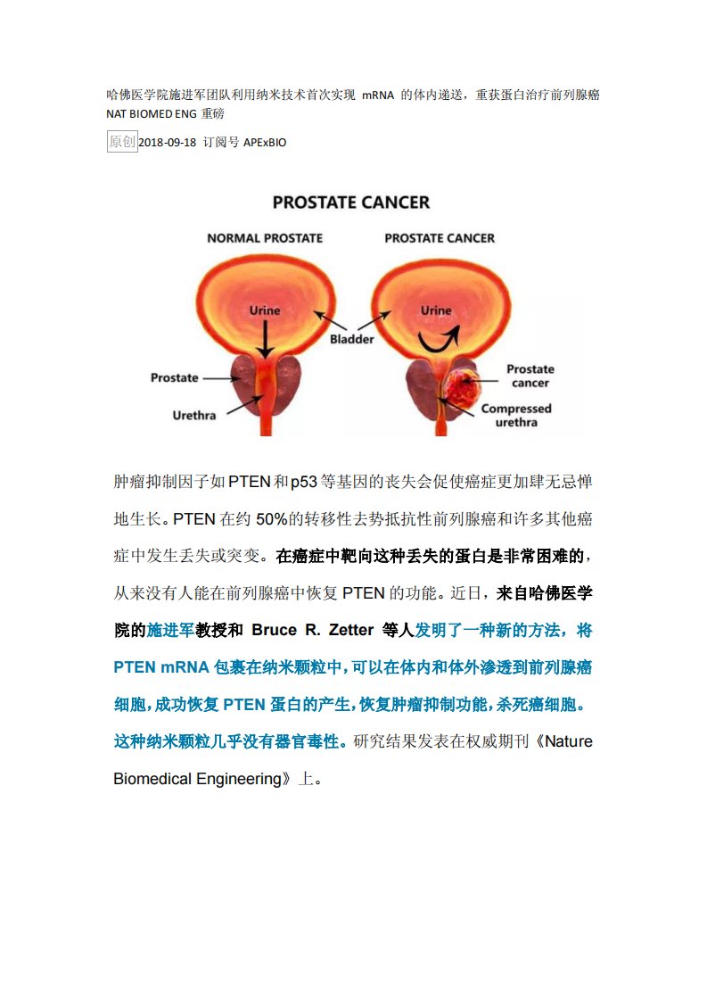 哈佛医学院施进军团队利用纳米技术首次实现mrna的体内递送-重获蛋白治疗前列腺癌nat-biomed-eng重磅