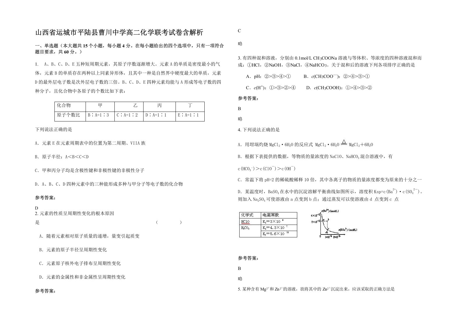 山西省运城市平陆县曹川中学高二化学联考试卷含解析