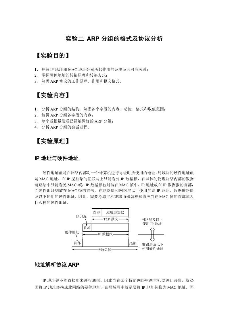 实验二ARP分组的格式及协议分析