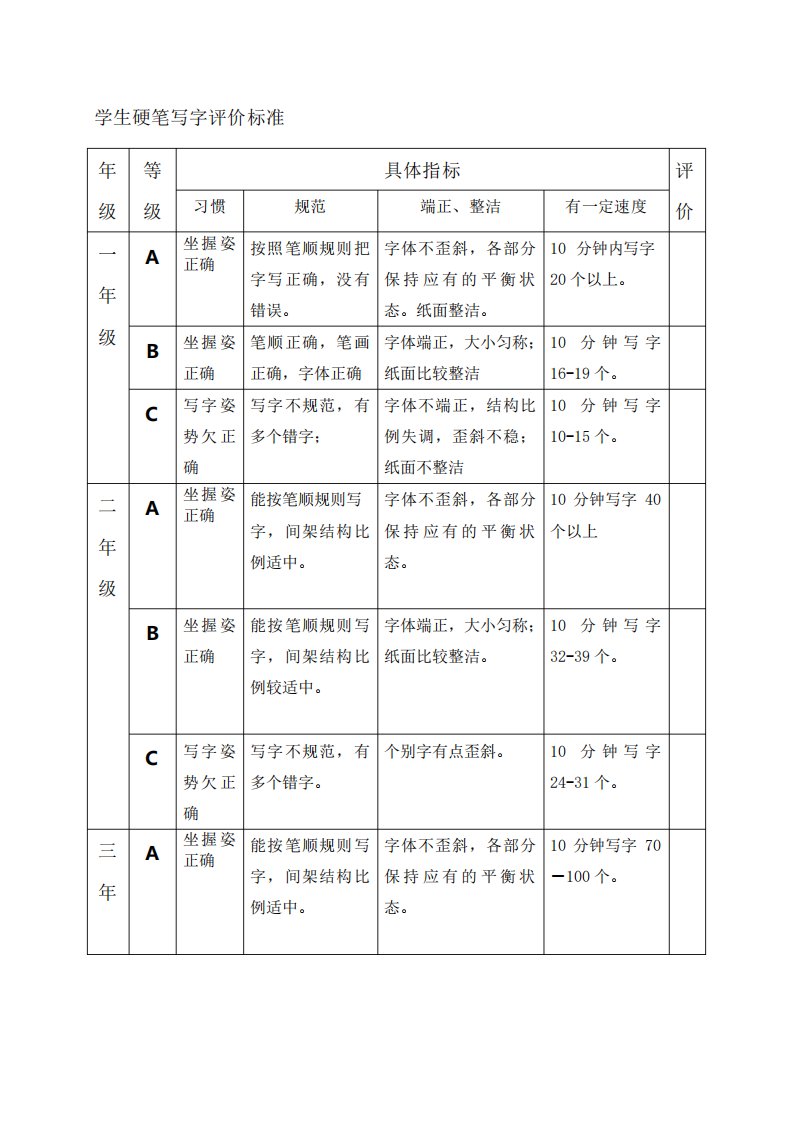 学生硬笔写字评价标准