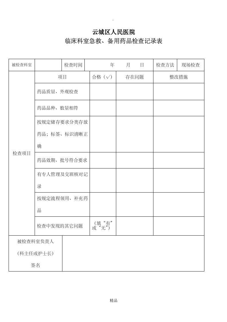 急救、备用药品检查记录表