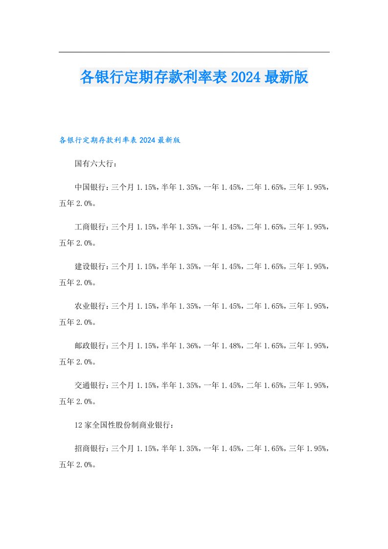 各银行定期存款利率表2024最新版