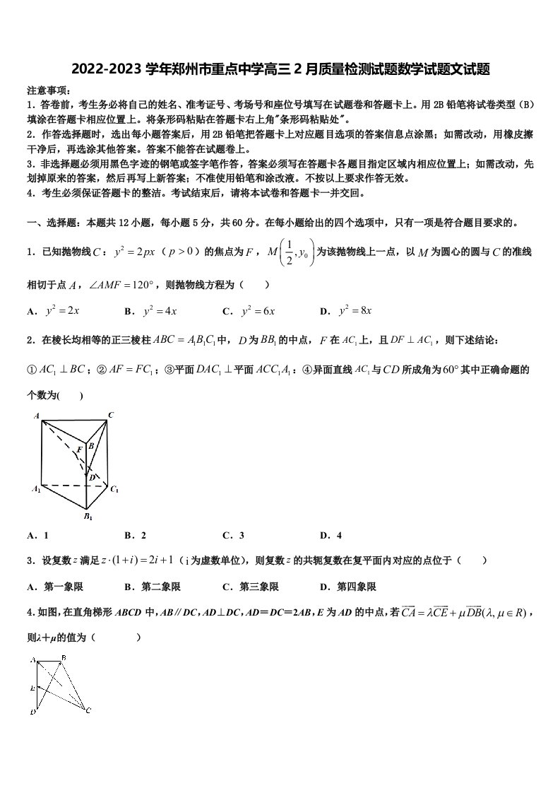 2022-2023学年郑州市重点中学高三2月质量检测试题数学试题文试题含解析