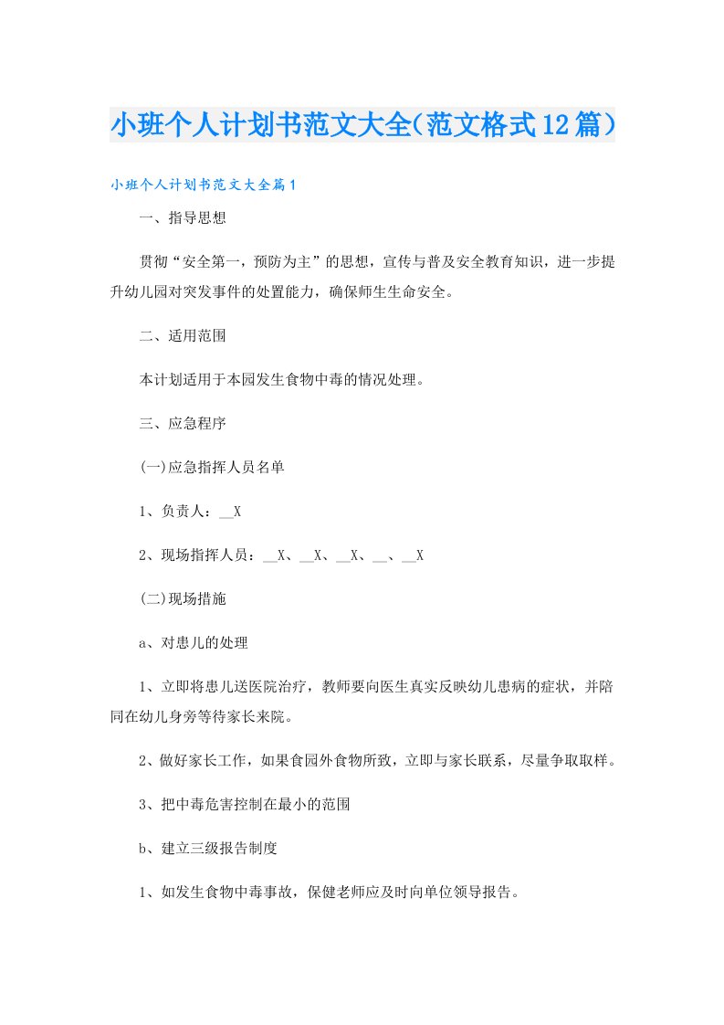 小班个人计划书范文大全（范文格式12篇）