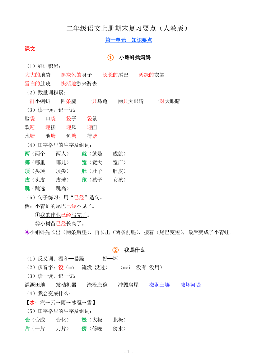 完整word版-二年级语文上册期末复习要点(人教版)