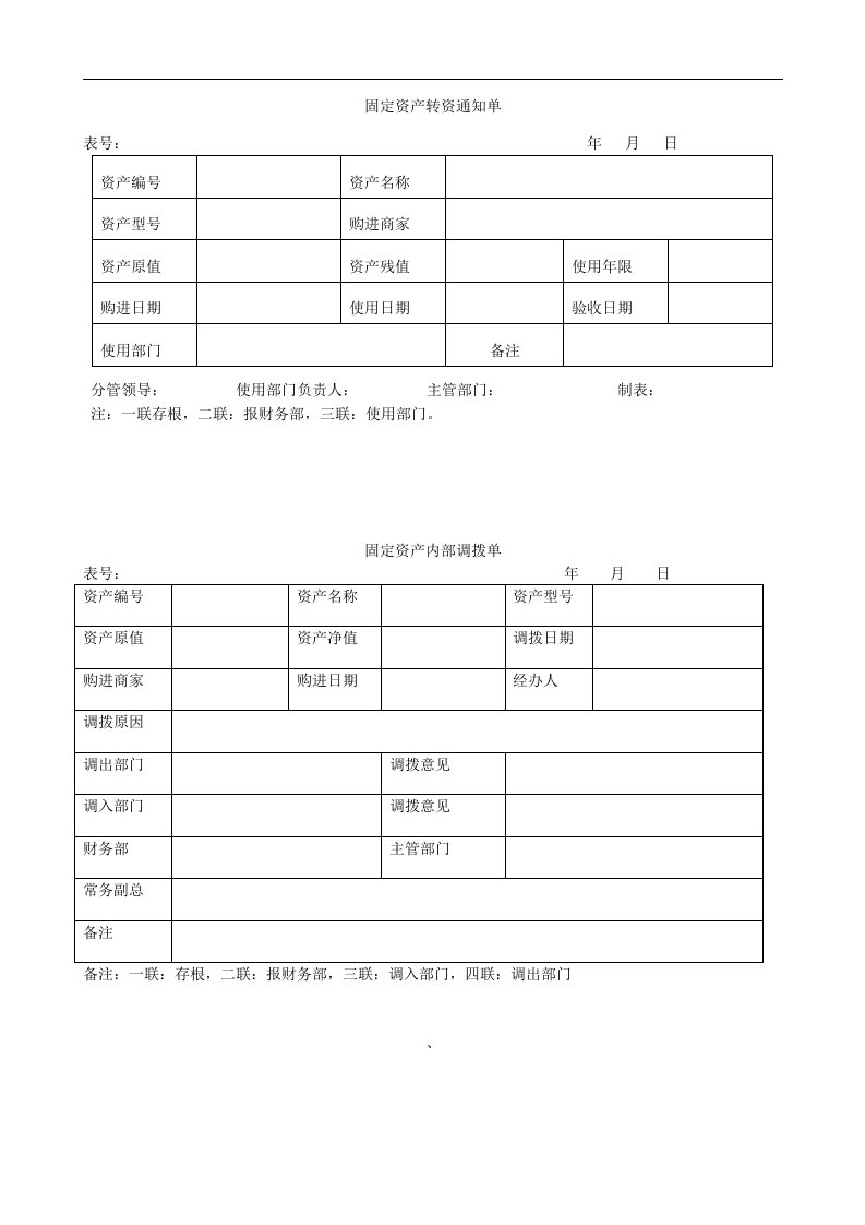 固定资产转资单、报废申请单、调拨单