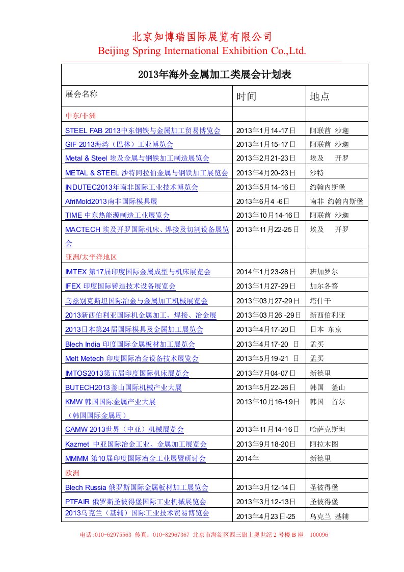 海外金属加工类展会计划表