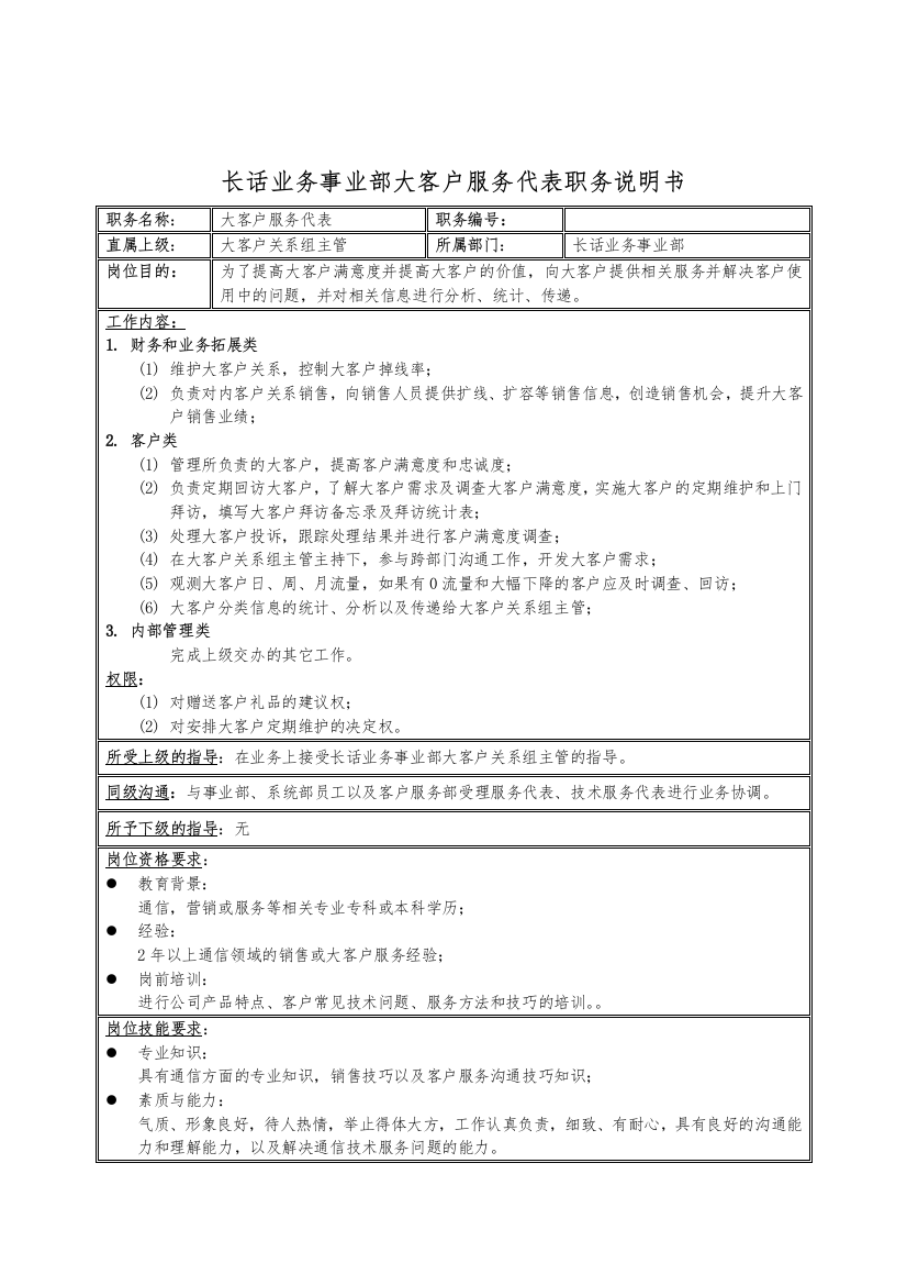 国安创想公司长话业务事业部大客户服务代表职务说明书