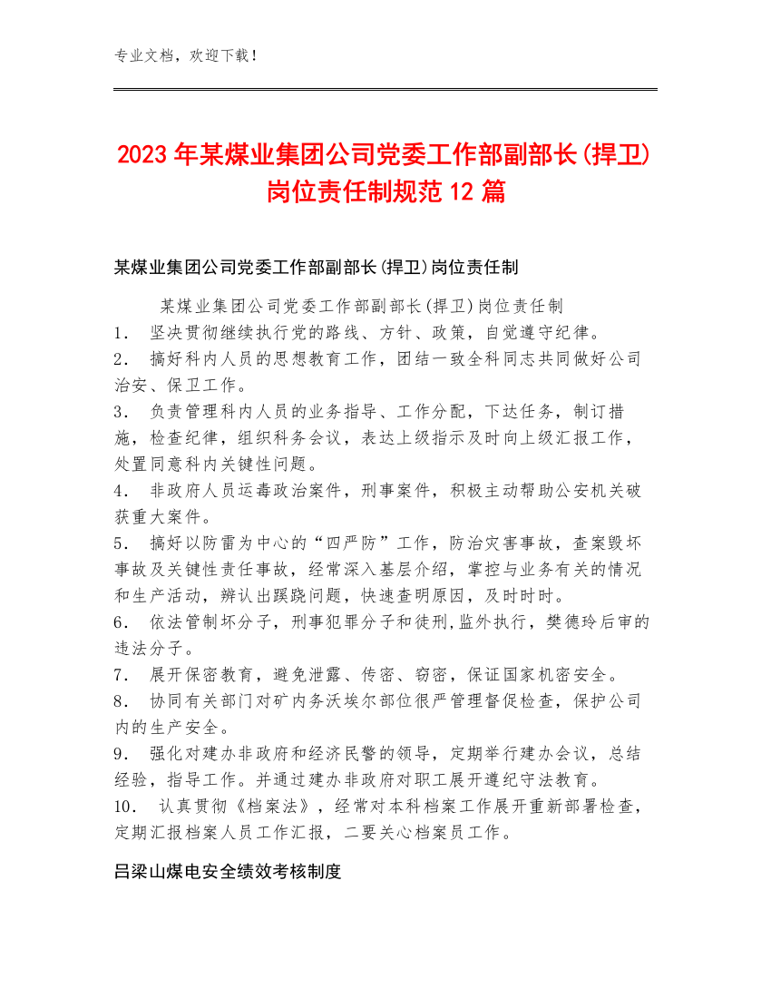 2023年某煤业集团公司党委工作部副部长(捍卫)岗位责任制规范12篇