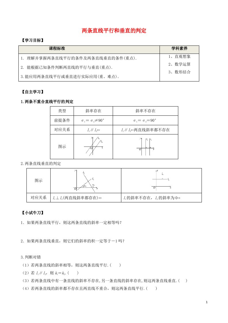 2020_2021学年新教材高考数学第二章直线和圆的方程1.2两条直线平行和垂直的判定学案新人教A版选择性必修第一册