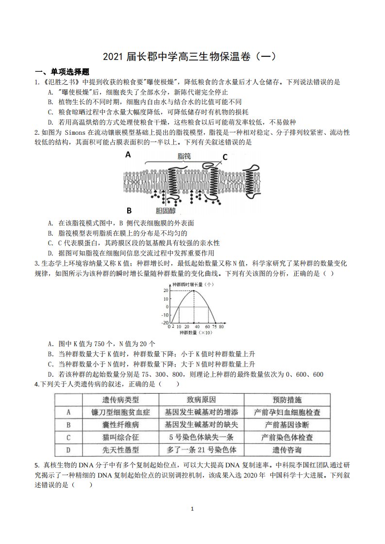 湖南省长沙市长郡中学2021届高三生物下学期5月保温卷（一）（PDF）