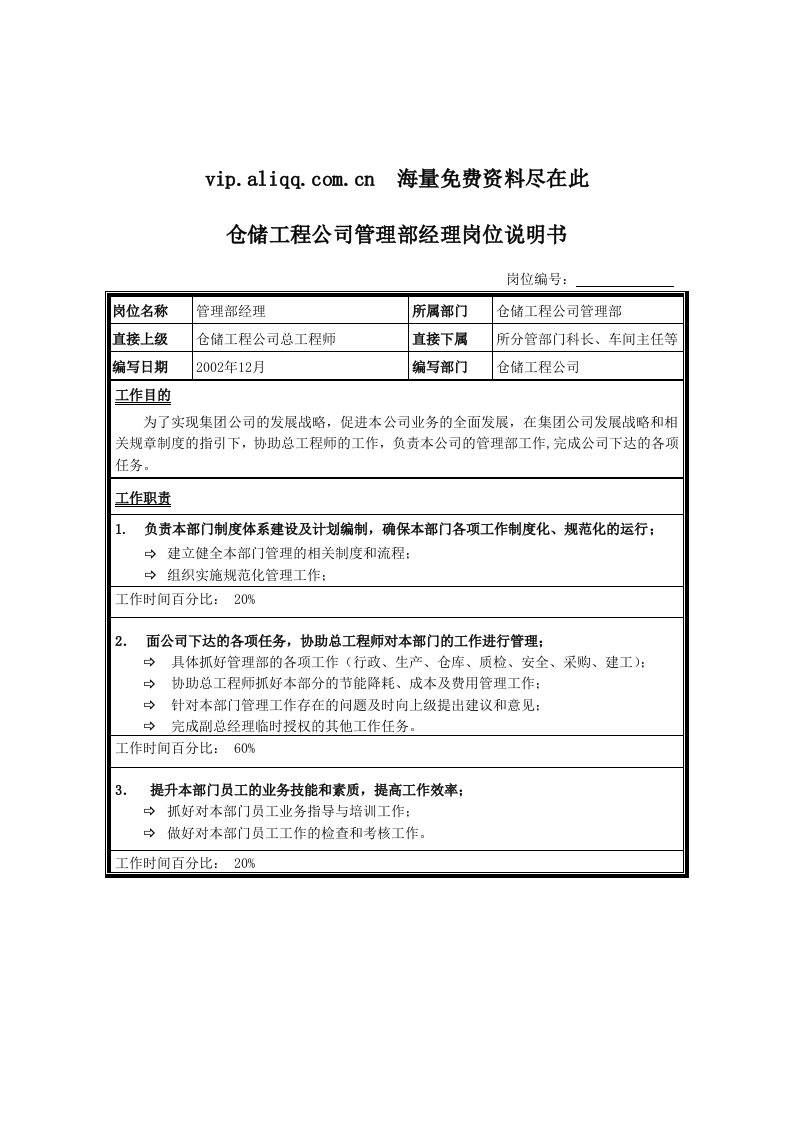 仓储工程公司员工岗位说明书3