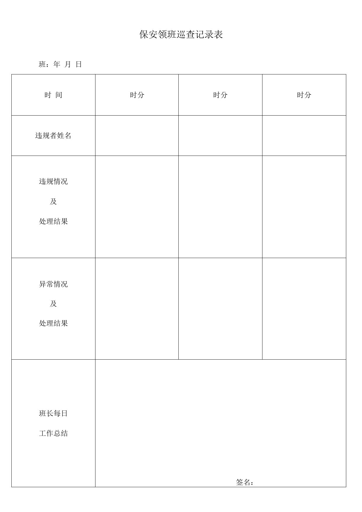 保安领班巡查记录表