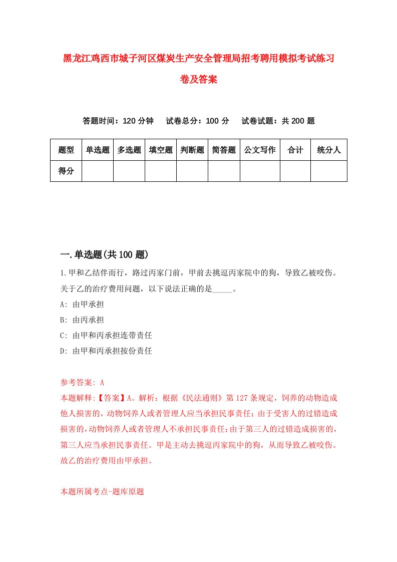 黑龙江鸡西市城子河区煤炭生产安全管理局招考聘用模拟考试练习卷及答案2