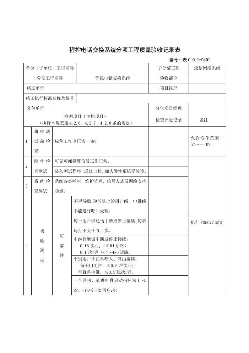 程控电话交换系统分项工程质量验收表