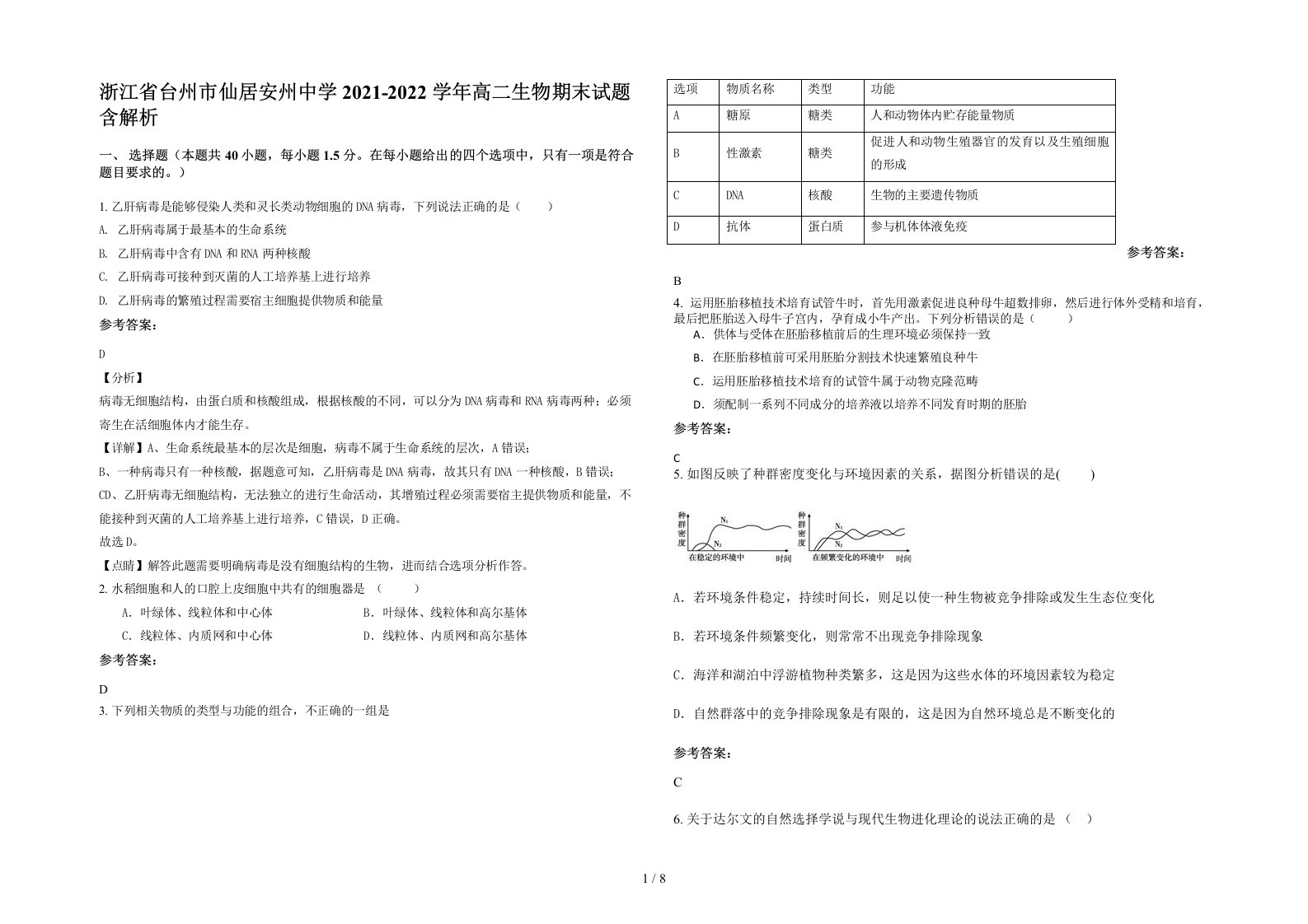 浙江省台州市仙居安州中学2021-2022学年高二生物期末试题含解析