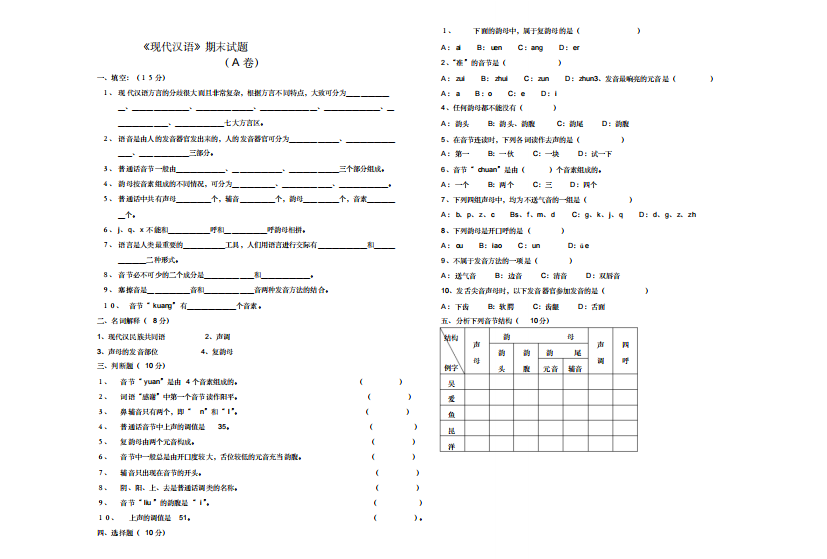 现代汉语语音部分试题三套2090024)