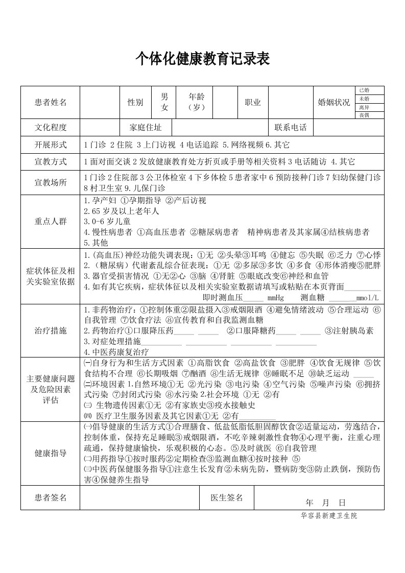 个体化健康教育记录表(新)